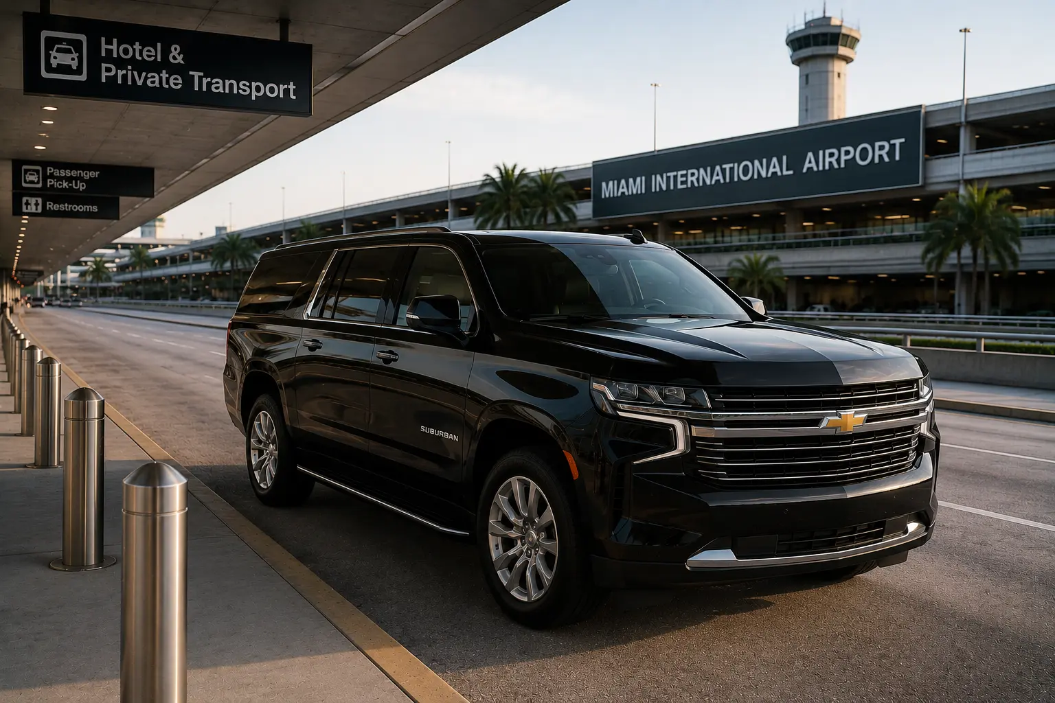 Chevrolet Suburban with a driver waiting at a Miami hotel entrance